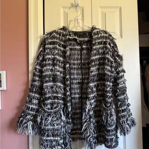 Zara navy blue and White Fringe tweed Bouclé Open Cardigan